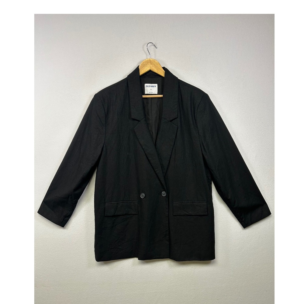 Dark Academia Old Navy Women XL Black Linen Blend Double Breasted Blazer Jacket‎